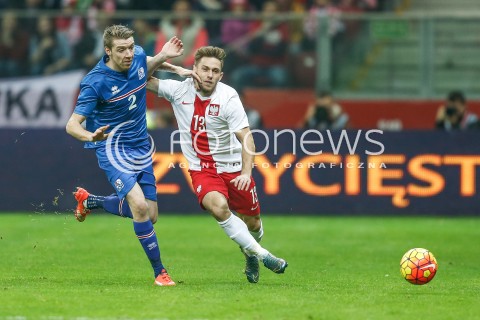  13.11.2015 WARSZAWA PILKA NOZNA <br />FRIENDLY FOOTBALL MATCH<br />POLISH NATIONAL TEAM<br />MECZ TOWARZYSKI<br />MECZ POLSKA - ISLANDIA<br />N/Z MACIEJ RYBUS BIRKIR MAR SAEVARSSON<br /> 