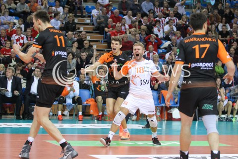  14.11.2015 RZESZOW<br />SIATKOWKA PLUSLIGA 2015/2016 MEN VOLLEYBALL POLAND POLISH PLUS LIGA LEAGUE SEASON 2015/2016<br />MECZ ASSECO RESOVIA RZESZOW - JASTRZEBSKI WEGIEL<br />N/Z MACIEJ MUZAJ ADRIAN MIHULKA RADOSC WYGRANA EMOCJE ZWYCIESTWO<br /> 