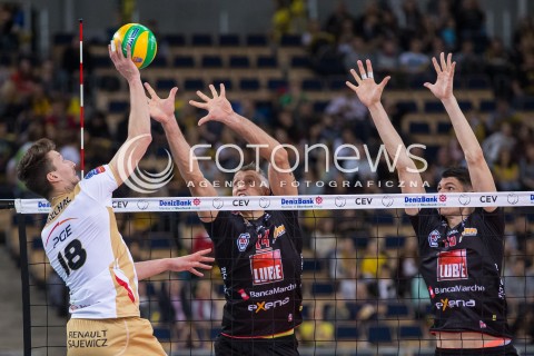  18.11.2015 LODZ POLAND<br />
SIATKOWKA LIGA MISTRZOW MEN CEV VOLLEYBALL CHAMPIONS LEAGUE 2015/2016<br />
MATCH PGE SKRA BELCHATOW - CUCINE LUBE CIVITANOVA<br />
N/Z IVAN MILJAKOVIC KLEMEN CEBULJ NICOLAS MARECHAL<br />
 
