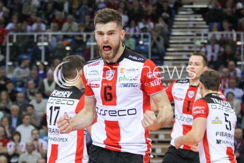  29.11.2015 RZESZOW<br />SIATKOWKA PLUSLIGA 2015/2016 MEN VOLLEYBALL POLAND POLISH PLUS LIGA LEAGUE SEASON 2015/2016<br />MECZ ASSECO RESOVIA RZESZOW - CUPRUM LUBIN<br />N/Z DAWID DRYJA RADOSC EMOCJE <br /> 