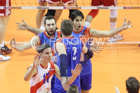  05.01.2016 BERLIN NIEMCY<br />SIATKOWKA MEZCZYZN KWALIFIKACJE DO IGRZYSK OLIMPIJSKICH W BRAZYLII <br />2016 Mens Volleyball European Olympic Qualification Tournament in Berlin<br />MECZ POLSKA - SERBIA ( Poland - Serbia ) <br />N/Z NEMANJA PETRIC NEVEN MAJSTOROVIC RADOSC EMOCJE <br /> 