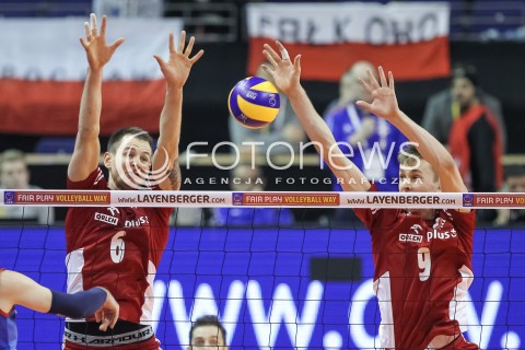  05.01.2016 BERLIN NIEMCY<br />SIATKOWKA MEZCZYZN KWALIFIKACJE DO IGRZYSK OLIMPIJSKICH W BRAZYLII <br />2016 Mens Volleyball European Olympic Qualification Tournament in Berlin<br />MECZ POLSKA - SERBIA ( Poland - Serbia ) <br />N/Z BARTOSZ KUREK MATEUSZ BIENIEK BLOK<br /> 