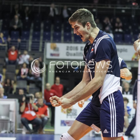  07.01.2016 BERLIN NIEMCY<br />SIATKOWKA MEZCZYZN KWALIFIKACJE DO IGRZYSK OLIMPIJSKICH W BRAZYLII <br />2016 Mens Volleyball European Olympic Qualification Tournament in Berlin<br />MECZ POLSKA - BELGIA ( Poland -Belgium ) <br />N/Z KAROL KLOS RADOSC EMOCJE SYLWETKA <br /> 