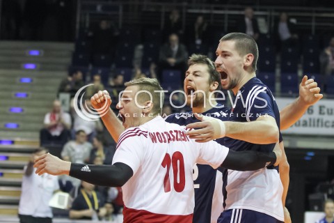  07.01.2016 BERLIN NIEMCY<br />SIATKOWKA MEZCZYZN KWALIFIKACJE DO IGRZYSK OLIMPIJSKICH W BRAZYLII <br />2016 Mens Volleyball European Olympic Qualification Tournament in Berlin<br />MECZ POLSKA - BELGIA ( Poland -Belgium ) <br />N/Z MICHAL KUBIAK DAMIAN WOJTASZEK DAWID KONARSKI RADOSC EMOCJE <br /> 