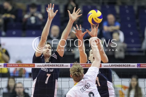  07.01.2016 BERLIN NIEMCY<br />SIATKOWKA MEZCZYZN KWALIFIKACJE DO IGRZYSK OLIMPIJSKICH W BRAZYLII <br />2016 Mens Volleyball European Olympic Qualification Tournament in Berlin<br />MECZ POLSKA - BELGIA ( Poland -Belgium ) <br />N/Z KAROL KLOS BLOK<br /> 