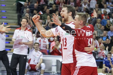  08.01.2016 BERLIN NIEMCY<br />SIATKOWKA MEZCZYZN KWALIFIKACJE DO IGRZYSK OLIMPIJSKICH W BRAZYLII <br />2016 Mens Volleyball European Olympic Qualification Tournament in Berlin<br />MECZ POLSKA - NIEMCY ( Poland - Germany ) <br />N/Z MICHAL KUBIAK DAMIAN WOJTASZEK RADOSC EMOCJE <br /> 