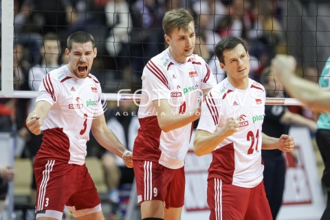  08.01.2016 BERLIN NIEMCY<br />SIATKOWKA MEZCZYZN KWALIFIKACJE DO IGRZYSK OLIMPIJSKICH W BRAZYLII <br />2016 Mens Volleyball European Olympic Qualification Tournament in Berlin<br />MECZ POLSKA - NIEMCY ( Poland - Germany ) <br />N/Z DAWID KONARSKI MATEUSZ BIENIEK RAFAL BUSZEK RADOSC EMOCJE <br /> 