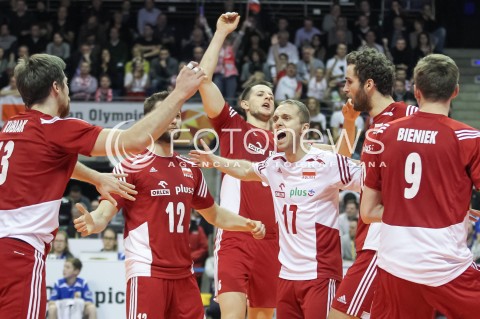  09.01.2016 BERLIN NIEMCY<br />SIATKOWKA MEZCZYZN KWALIFIKACJE DO IGRZYSK OLIMPIJSKICH W BRAZYLII <br />2016 Mens Volleyball European Olympic Qualification Tournament in Berlin<br />POLFINAL 2 - SEMIFINAL<br />MECZ FRANCJA - POLSKA ( France - Poland ) <br />N/Z PAWEL ZATORSKI BARTOSZ KUREK RADOSC EMOCJE <br /> 