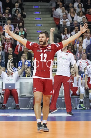  09.01.2016 BERLIN NIEMCY<br />SIATKOWKA MEZCZYZN KWALIFIKACJE DO IGRZYSK OLIMPIJSKICH W BRAZYLII <br />2016 Mens Volleyball European Olympic Qualification Tournament in Berlin<br />POLFINAL 2 - SEMIFINAL<br />MECZ FRANCJA - POLSKA ( France - Poland ) <br />N/Z GRZEGORZ LOMACZ SYLWETKA RADOSC EMOCJE <br /> 