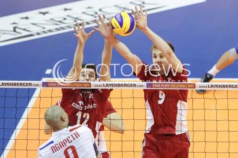  09.01.2016 BERLIN NIEMCY<br />SIATKOWKA MEZCZYZN KWALIFIKACJE DO IGRZYSK OLIMPIJSKICH W BRAZYLII <br />2016 Mens Volleyball European Olympic Qualification Tournament in Berlin<br />POLFINAL 2 - SEMIFINAL<br />MECZ FRANCJA - POLSKA ( France - Poland ) <br />N/Z GRZEGORZ LOMACZ MATEUSZ BIENIEK BLOK<br /> 