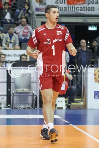  09.01.2016 BERLIN NIEMCY<br />SIATKOWKA MEZCZYZN KWALIFIKACJE DO IGRZYSK OLIMPIJSKICH W BRAZYLII <br />2016 Mens Volleyball European Olympic Qualification Tournament in Berlin<br />POLFINAL 2 - SEMIFINAL<br />MECZ FRANCJA - POLSKA ( France - Poland ) <br />N/Z WOJCIECH ZALINSKI SYLWETKA RADOSC EMOCJE <br /> 