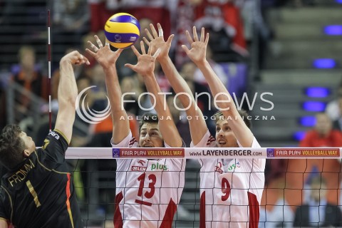  10.01.2016 BERLIN NIEMCY<br />SIATKOWKA MEZCZYZN KWALIFIKACJE DO IGRZYSK OLIMPIJSKICH W BRAZYLII <br />2016 Mens Volleyball European Olympic Qualification Tournament in Berlin<br />MECZ O 3. MIEJSCE - 3RD PLACE MATCH<br />MECZ POLSKA - NIEMCY ( Poland - Germany ) <br />N/Z MICHAL KUBIAK MATEUSZ BIENIEK BLOK<br /> 