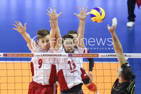  10.01.2016 BERLIN NIEMCY<br />SIATKOWKA MEZCZYZN KWALIFIKACJE DO IGRZYSK OLIMPIJSKICH W BRAZYLII <br />2016 Mens Volleyball European Olympic Qualification Tournament in Berlin<br />MECZ O 3. MIEJSCE - 3RD PLACE MATCH<br />MECZ POLSKA - NIEMCY ( Poland - Germany ) <br />N/Z MATEUSZ BIENIEK MICHAL KUBIAK GYORGY GROZER BLOK<br /> 