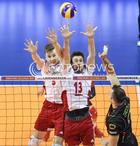  10.01.2016 BERLIN NIEMCY<br />SIATKOWKA MEZCZYZN KWALIFIKACJE DO IGRZYSK OLIMPIJSKICH W BRAZYLII <br />2016 Mens Volleyball European Olympic Qualification Tournament in Berlin<br />MECZ O 3. MIEJSCE - 3RD PLACE MATCH<br />MECZ POLSKA - NIEMCY ( Poland - Germany ) <br />N/Z MATEUSZ BIENIEK MICHAL KUBIAK GYORGY GROZER BLOK<br /> 