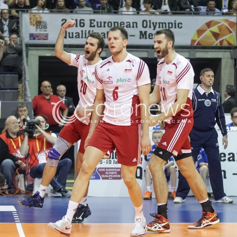  10.01.2016 BERLIN NIEMCY<br />SIATKOWKA MEZCZYZN KWALIFIKACJE DO IGRZYSK OLIMPIJSKICH W BRAZYLII <br />2016 Mens Volleyball European Olympic Qualification Tournament in Berlin<br />MECZ O 3. MIEJSCE - 3RD PLACE MATCH<br />MECZ POLSKA - NIEMCY ( Poland - Germany ) <br />N/Z BARTOSZ KUREK MARCIN MOZDZONEK MATEUSZ MIKA RADOSC EMOCJE WYGRANA ZWYCIESTWO AWANS<br /> 