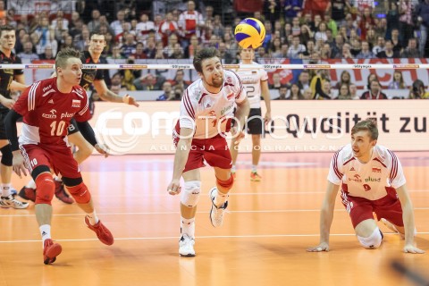  10.01.2016 BERLIN NIEMCY<br />SIATKOWKA MEZCZYZN KWALIFIKACJE DO IGRZYSK OLIMPIJSKICH W BRAZYLII <br />2016 Mens Volleyball European Olympic Qualification Tournament in Berlin<br />MECZ O 3. MIEJSCE - 3RD PLACE MATCH<br />MECZ POLSKA - NIEMCY ( Poland - Germany ) <br />N/Z MICHAL KUBIAK DAMIAN WOJTASZEK MATEUSZ BIENIEK SYLWETKA <br /> 