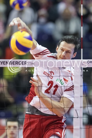  10.01.2016 BERLIN NIEMCY<br />SIATKOWKA MEZCZYZN KWALIFIKACJE DO IGRZYSK OLIMPIJSKICH W BRAZYLII <br />2016 Mens Volleyball European Olympic Qualification Tournament in Berlin<br />MECZ O 3. MIEJSCE - 3RD PLACE MATCH<br />MECZ POLSKA - NIEMCY ( Poland - Germany ) <br />N/Z RAFAL BUSZEK SYLWETKA ATAK<br /> 