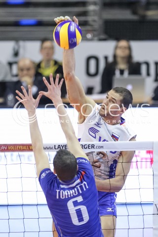  10.01.2016 BERLIN NIEMCY<br />SIATKOWKA MEZCZYZN KWALIFIKACJE DO IGRZYSK OLIMPIJSKICH W BRAZYLII <br />2016 Mens Volleyball European Olympic Qualification Tournament in Berlin<br />MECZ O 1. MIEJSCE I AWANS DO RIO - FINAL<br />MECZ FRANCJA - ROSJA ( France - Russia ) <br />N/Z ALEXANDER MARKIN <br /> 