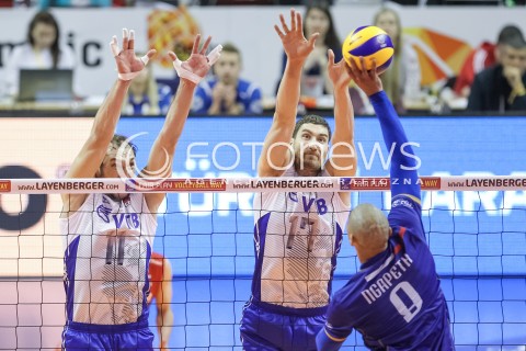  10.01.2016 BERLIN NIEMCY<br />SIATKOWKA MEZCZYZN KWALIFIKACJE DO IGRZYSK OLIMPIJSKICH W BRAZYLII <br />2016 Mens Volleyball European Olympic Qualification Tournament in Berlin<br />MECZ O 1. MIEJSCE I AWANS DO RIO - FINAL<br />MECZ FRANCJA - ROSJA ( France - Russia ) <br />N/Z ANDREY ASHCHEV MAXIM MIKHAILOV BLOK<br /> 