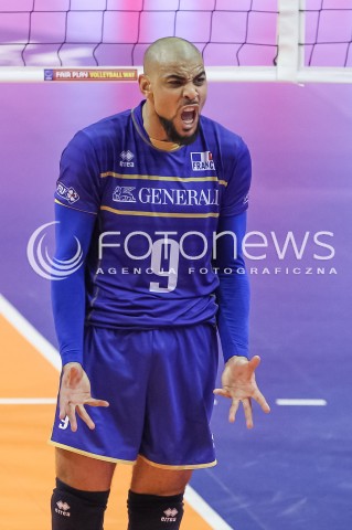  10.01.2016 BERLIN NIEMCY<br />SIATKOWKA MEZCZYZN KWALIFIKACJE DO IGRZYSK OLIMPIJSKICH W BRAZYLII <br />2016 Mens Volleyball European Olympic Qualification Tournament in Berlin<br />MECZ O 1. MIEJSCE I AWANS DO RIO - FINAL<br />MECZ FRANCJA - ROSJA ( France - Russia ) <br />N/Z EARVIN NGAPETH RADOSC EMOCJE SYLWETKA <br /> 