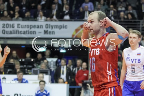  10.01.2016 BERLIN NIEMCY<br />SIATKOWKA MEZCZYZN KWALIFIKACJE DO IGRZYSK OLIMPIJSKICH W BRAZYLII <br />2016 Mens Volleyball European Olympic Qualification Tournament in Berlin<br />MECZ O 1. MIEJSCE I AWANS DO RIO - FINAL<br />MECZ FRANCJA - ROSJA ( France - Russia ) <br />N/Z ALEXEY VERBOV SYLWETKA RADOSC EMOCJE <br /> 