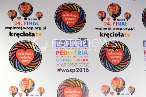  10.01.2016 WARSZAWA <br />FINAL 24 EDYCJI WIELKIEJ ORKIESTRY SWIATECZNEJ POMOCY<br />KONFERENCJA PRASOWA<br />N/Z LOGO NAPIS 24 FINAL WOSP 2016 SERCA<br /> 