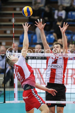  13.01.2016 RZESZOW<br />SIATKOWKA PLUSLIGA 2015/2016 MEN VOLLEYBALL POLAND POLISH PLUS LIGA LEAGUE SEASON 2015/2016<br />MECZ ASSECO RESOVIA RZESZOW - EFFECTOR KIELCE <br />N/Z DOMINIK WITCZAK BLOK<br /> 