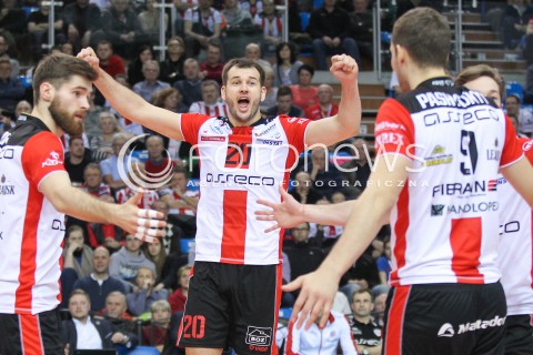  13.01.2016 RZESZOW<br />SIATKOWKA PLUSLIGA 2015/2016 MEN VOLLEYBALL POLAND POLISH PLUS LIGA LEAGUE SEASON 2015/2016<br />MECZ ASSECO RESOVIA RZESZOW - EFFECTOR KIELCE <br />N/Z DOMINIK WITCZAK RADOSC EMOCJE <br /> 