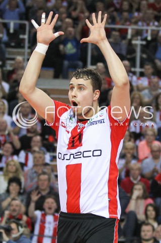  10.02.2016 RZESZOW<br />SIATKOWKA PLUSLIGA 2015/2016 MEN VOLLEYBALL POLAND POLISH PLUS LIGA LEAGUE SEASON 2015/2016<br />MECZ ASSECO RESOVIA RZESZOW - PGE SKRA BELCHATOW <br />N/Z FABIAN DRZYZGA SYLWETKA RADOSC EMOCJE <br /> 