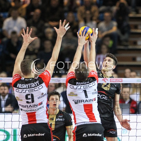  10.02.2016 RZESZOW<br />SIATKOWKA PLUSLIGA 2015/2016 MEN VOLLEYBALL POLAND POLISH PLUS LIGA LEAGUE SEASON 2015/2016<br />MECZ ASSECO RESOVIA RZESZOW - PGE SKRA BELCHATOW <br />N/Z FACUNDO CONTE DMYTRO PASHYTSKYY ( PASZYCKI ) BARTOSZ KUREK BLOK<br /> 