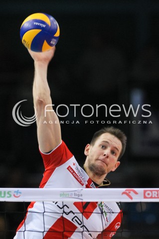  10.02.2016 RZESZOW<br />SIATKOWKA PLUSLIGA 2015/2016 MEN VOLLEYBALL POLAND POLISH PLUS LIGA LEAGUE SEASON 2015/2016<br />MECZ ASSECO RESOVIA RZESZOW - PGE SKRA BELCHATOW <br />N/Z BARTOSZ KUREK SYLWETKA ATAK<br /> 