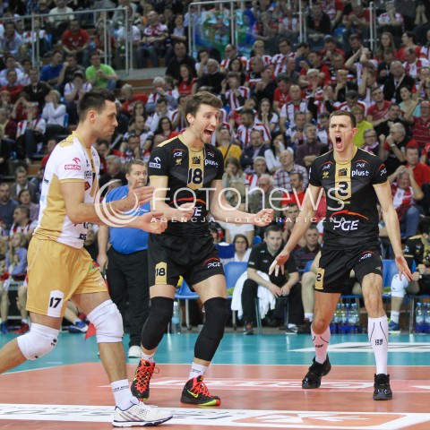  10.02.2016 RZESZOW<br />SIATKOWKA PLUSLIGA 2015/2016 MEN VOLLEYBALL POLAND POLISH PLUS LIGA LEAGUE SEASON 2015/2016<br />MECZ ASSECO RESOVIA RZESZOW - PGE SKRA BELCHATOW <br />N/Z MARIUSZ WLAZLY NICOLAS MARECHAL ROBERT MILCZAREK RADOSC EMOCJE <br /> 