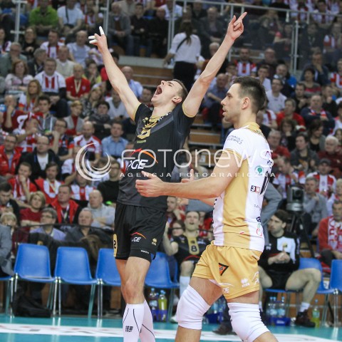  10.02.2016 RZESZOW<br />SIATKOWKA PLUSLIGA 2015/2016 MEN VOLLEYBALL POLAND POLISH PLUS LIGA LEAGUE SEASON 2015/2016<br />MECZ ASSECO RESOVIA RZESZOW - PGE SKRA BELCHATOW <br />N/Z MARIUSZ WLAZLY ROBERT MILCZAREK RADOSC EMOCJE <br /> 