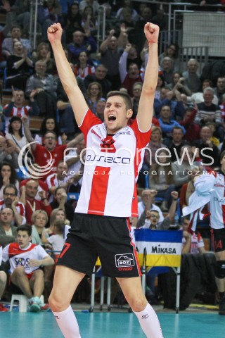  10.02.2016 RZESZOW<br />SIATKOWKA PLUSLIGA 2015/2016 MEN VOLLEYBALL POLAND POLISH PLUS LIGA LEAGUE SEASON 2015/2016<br />MECZ ASSECO RESOVIA RZESZOW - PGE SKRA BELCHATOW <br />N/Z NIKOLAY PENCHEV ( NIKOLAJ PENCZEW ) RADOSC EMOCJE SYLWETKA <br /> 