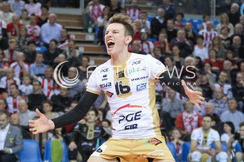  10.02.2016 RZESZOW<br />SIATKOWKA PLUSLIGA 2015/2016 MEN VOLLEYBALL POLAND POLISH PLUS LIGA LEAGUE SEASON 2015/2016<br />MECZ ASSECO RESOVIA RZESZOW - PGE SKRA BELCHATOW <br />N/Z KACPER PIECHOCKI SYLWETKA RADOSC EMOCJE <br /> 