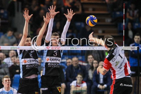  11.03.2016 RZESZOW<br />SIATKOWKA PLUSLIGA 2015/2016 MEN VOLLEYBALL POLAND POLISH PLUS LIGA LEAGUE SEASON 2015/2016<br />MECZ ASSECO RESOVIA RZESZOW - CERRAD CZARNI RADOM<br />N/Z IGOR GROBELNY BARTLOMIEJ GRZECHNIK BLOK<br /> 