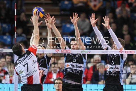  11.03.2016 RZESZOW<br />SIATKOWKA PLUSLIGA 2015/2016 MEN VOLLEYBALL POLAND POLISH PLUS LIGA LEAGUE SEASON 2015/2016<br />MECZ ASSECO RESOVIA RZESZOW - CERRAD CZARNI RADOM<br />N/Z IGOR GROBELNY BARTLOMIEJ GRZECHNIK BLOK<br /> 