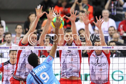  16.04.2016 KRAKOW <br />SIATKOWKA MEZCZYZN LIGA MISTRZOW FINAL FOUR 2016 CHAMPIONS LEAGUE <br />2016 CEV DenizBank Volleyball Men Champions League Final Four season 2015/2016<br />MECZ POLFINALOWY Semifinal match <br />MECZ ASSECO RESOVIA RZESZOW - ZENIT KAZAN <br />N/Z BARTOSZ KUREK DMYTRO PASHYTSKYY ( PASZYCKI ) OLIEG ACHREM ( ALEH AKHREM ) BLOK WILFREDO LEON VENERO <br /> 