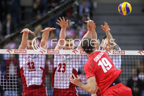  17.05.2016 KRAKOW (TAURON ARENA) <br />XIV MEMORIAL HUBERTA JERZEGO WAGNERA <br />MECZ POLSKA - BULGARIA ( MATCH POLAND - BULGARIA ) <br />N/Z MICHAL KUBIAK MATEUSZ BIENIEK BARTOSZ KUREK BLOK<br /> 