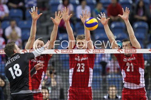  18.05.2016 KRAKOW (TAURON ARENA) <br />XIV MEMORIAL HUBERTA JERZEGO WAGNERA <br />MECZ POLSKA - BELGIA ( MATCH POLAND - BELGIUM ) <br />N/Z BARTOSZ KUREK MATEUSZ BIENIEK RAFAL BUSZEK BLOK<br /> 