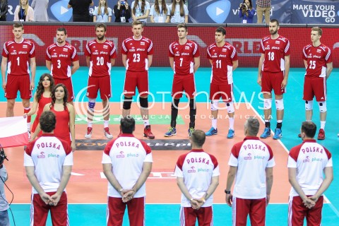  18.05.2016 KRAKOW (TAURON ARENA) <br />XIV MEMORIAL HUBERTA JERZEGO WAGNERA <br />MECZ POLSKA - BELGIA ( MATCH POLAND - BELGIUM ) <br />N/Z PIOTR NOWAKOWSKI DAWID KONARSKI MATEUSZ MIKA MATEUSZ BIENIEK KAROL KLOS FABIAN DRZYZGA MARCIN MOZDZONEK ARTUR SZALPUK PODCZAS HYMNU STEPHANE ANTIGA - I TRENER ( HEAD COACH ) PHILIPPE BLAIN - II TRENER ( ASSISTANT COACH ) <br /> 