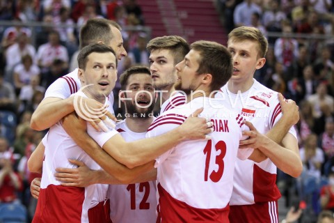  19.05.2016 KRAKOW (TAURON ARENA) <br />XIV MEMORIAL HUBERTA JERZEGO WAGNERA <br />MECZ POLSKA - SERBIA ( MATCH POLAND - SERBIA ) <br />N/Z RAFAL BUSZEK GRZEGORZ LOMACZ KAROL KLOS MICHAL KUBIAK MATEUSZ BIENIEK RADOSC EMOCJE <br /> 
