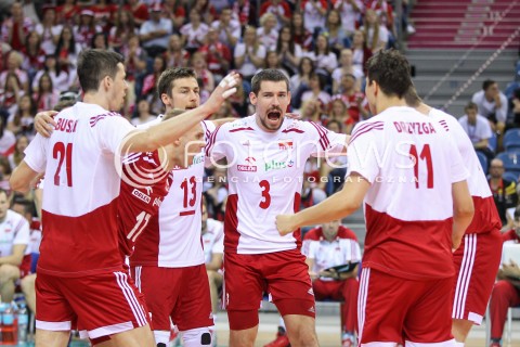  19.05.2016 KRAKOW (TAURON ARENA) <br />XIV MEMORIAL HUBERTA JERZEGO WAGNERA <br />MECZ POLSKA - SERBIA ( MATCH POLAND - SERBIA ) <br />N/Z DAWID KONARSKI PAWEL ZATORSKI MICHAL KUBIAK RADOSC EMOCJE <br /> 