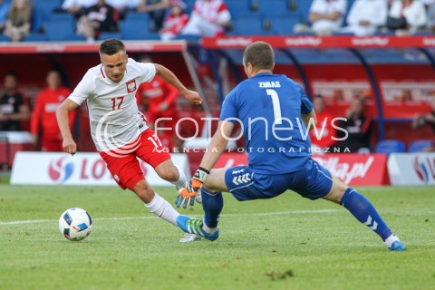  06.06.2016 KRAKOW REPREZENTACJA <br />MECZ TOWARZYSKI POLSKA - LITWA <br />( FRIENDLY MATCH POLAND - LITHUANIA ) <br />N/Z SLAWOMIR PESZKO EMILIJUS ZUBAS OBRONA PARADA<br /> 