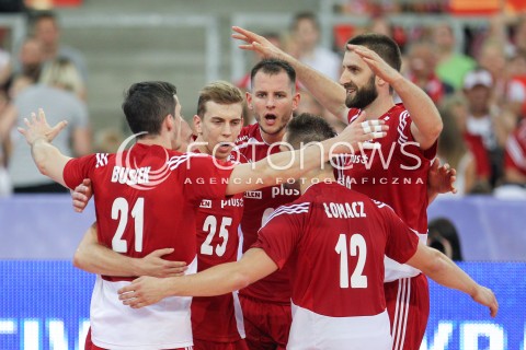  25.06.2016 LODZ <br />SIATKOWKA MEZCZYZN LIGA SWIATOWA 2016 <br />FIVB VOLLEYBALL WORLD LEAGUE 2016 <br />MECZ POLSKA - ROSJA ( Poland - Russia ) <br />N/Z BARTOSZ KUREK ARTUR SZALPUK MARCIN MOZDZONEK RADOSC EMOCJE <br /> 