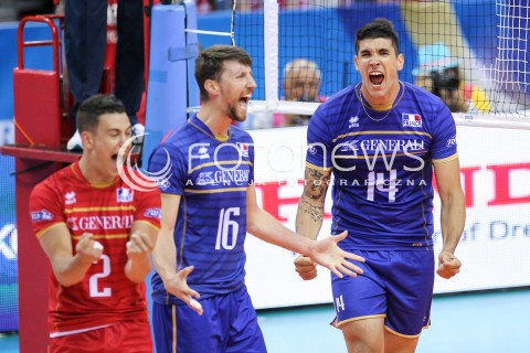  13.07.2016 KRAKOW <br />SIATKOWKA MEZCZYZN LIGA SWIATOWA 2016 TURNIEJ FINALOWY <br />FIVB VOLLEYBALL WORLD LEAGUE FINAL SIX 2016 <br />MECZ POLSKA - FRANCJA ( Poland - France ) <br />N/Z NICOLAS MARECHAL JENIA GREBENNIKOV NICOLAS LE GOFF RADOSC EMOCJE <br /> 