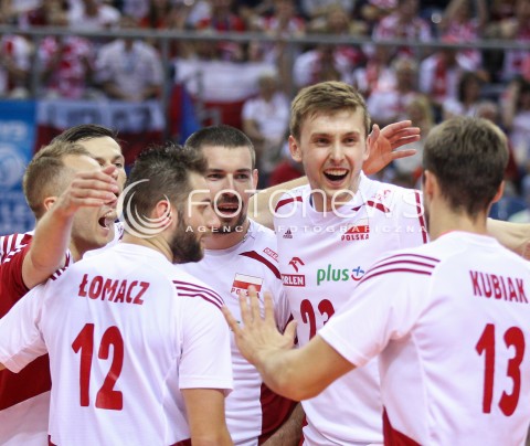 13.07.2016 KRAKOW <br />SIATKOWKA MEZCZYZN LIGA SWIATOWA 2016 TURNIEJ FINALOWY <br />FIVB VOLLEYBALL WORLD LEAGUE FINAL SIX 2016 <br />MECZ POLSKA - FRANCJA ( Poland - France ) <br />N/Z MATEUSZ BIENIEK DAWID KONARSKI RADOSC EMOCJE <br /> 