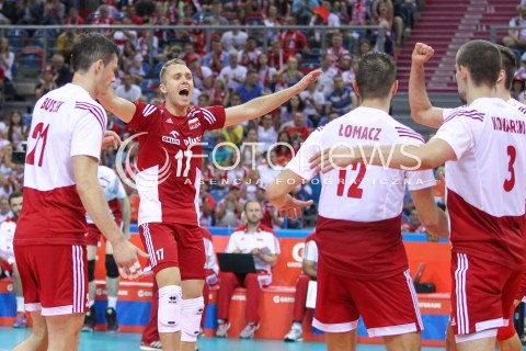  13.07.2016 KRAKOW <br />SIATKOWKA MEZCZYZN LIGA SWIATOWA 2016 TURNIEJ FINALOWY <br />FIVB VOLLEYBALL WORLD LEAGUE FINAL SIX 2016 <br />MECZ POLSKA - FRANCJA ( Poland - France ) <br />N/Z PAWEL ZATORSKI RAFAL BUSZEK GRZEGORZ LOMACZ RADOSC EMOCJE <br /> 