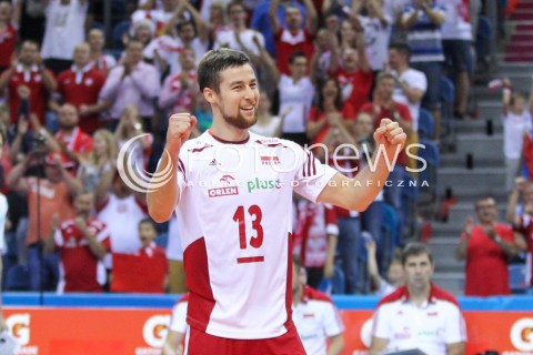  13.07.2016 KRAKOW <br />SIATKOWKA MEZCZYZN LIGA SWIATOWA 2016 TURNIEJ FINALOWY <br />FIVB VOLLEYBALL WORLD LEAGUE FINAL SIX 2016 <br />MECZ POLSKA - FRANCJA ( Poland - France ) <br />N/Z MICHAL KUBIAK RADOSC EMOCJE SYLWETKA <br /> 