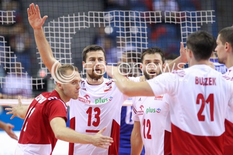  13.07.2016 KRAKOW <br />SIATKOWKA MEZCZYZN LIGA SWIATOWA 2016 TURNIEJ FINALOWY <br />FIVB VOLLEYBALL WORLD LEAGUE FINAL SIX 2016 <br />MECZ POLSKA - FRANCJA ( Poland - France ) <br />N/Z MICHAL KUBIAK GRZEGORZ LOMACZ PAWEL ZATORSKI RADOSC EMOCJE <br /> 
